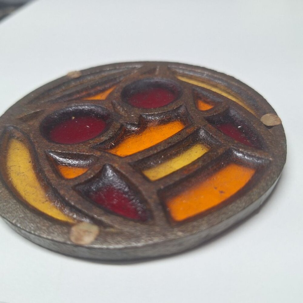 Owl Stained Glass Coaster Metal Vintage Orange Red 3.5 Inches - Picture 7 of 8